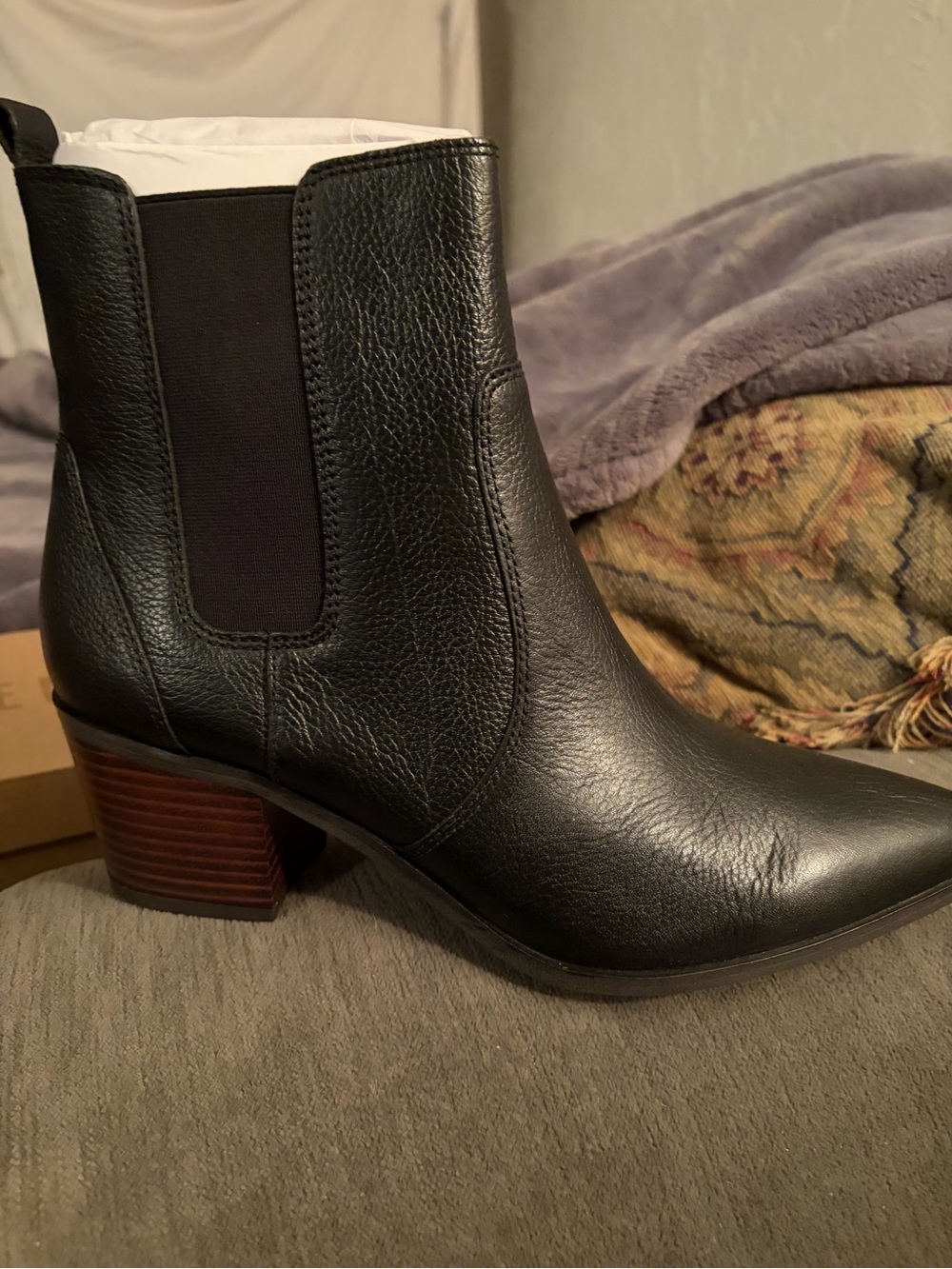 NWT Franco Sarto Classic Black Leather Chelsea Ankle Boot with Stacked Heel